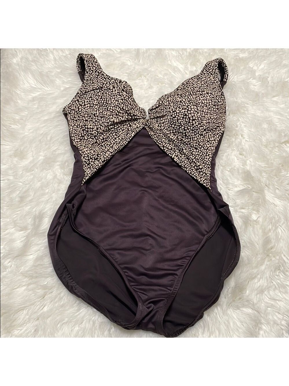 Miraclesuit Brown and Cream One Piece Swimsuit with Plunging V-Neck Sz 14